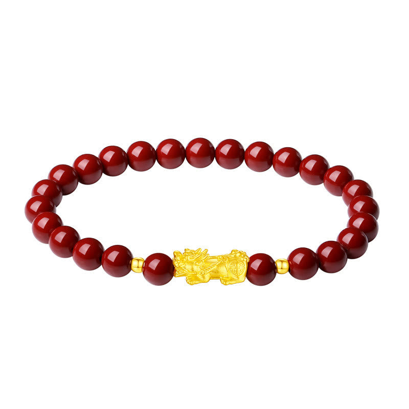 999 Gold Cinnabar PiXiu bracelet – red cinnabar beads with gold PiXiu on white background, clean view