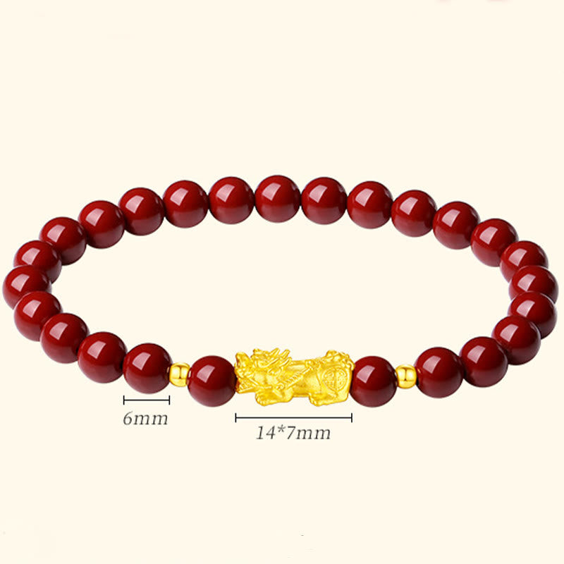 999 Gold Cinnabar PiXiu bracelet – bracelet size diagram 6mm beads 14x7mm charm, measurement guide
