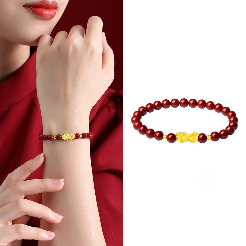 999 Gold Cinnabar PiXiu bracelet – split image model and bracelet on white, lifestyle product view