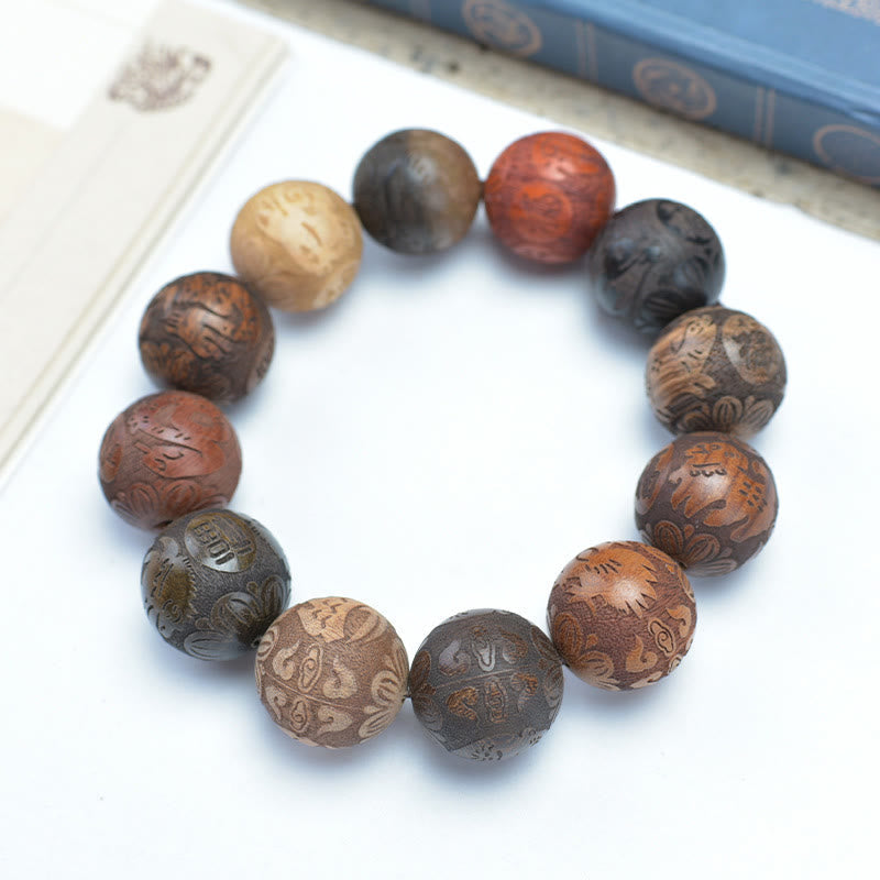 Sandalwood Dragon Phoenix Zodiac Bracelet – carved beads on white with blue book, Elegance