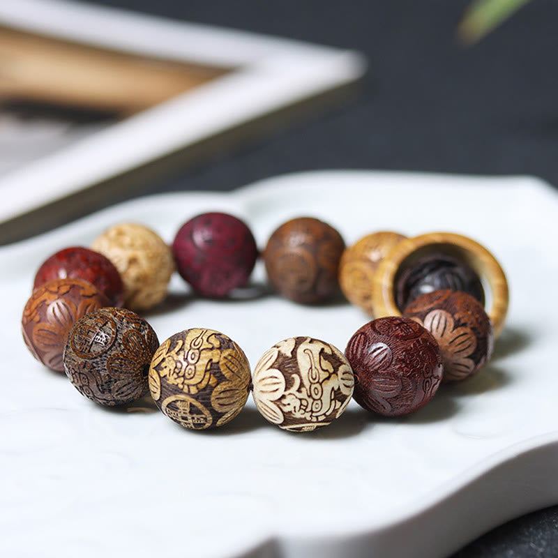Sandalwood Dragon Phoenix Zodiac Bracelet – carved beads on open book close-up, Heritage