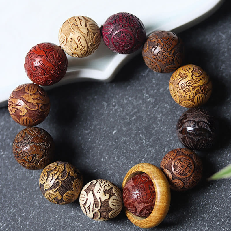 Sandalwood Dragon Phoenix Zodiac Bracelet – 45-degree angle stone surface fortune bead, Luck