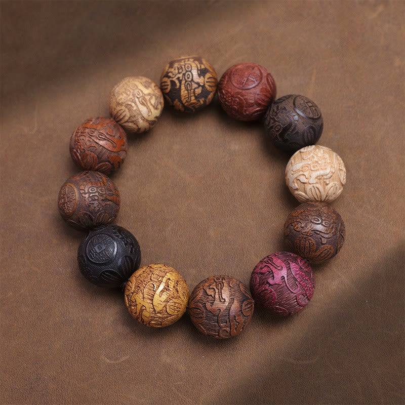 Sandalwood Dragon Phoenix Zodiac Bracelet – carved fortune beads top-down overhead view, Luck