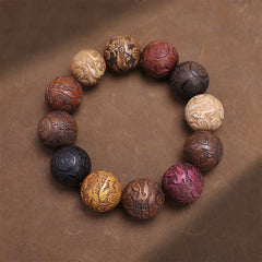 Sandalwood Dragon Phoenix Zodiac Bracelet – carved fortune beads top-down overhead view, Luck