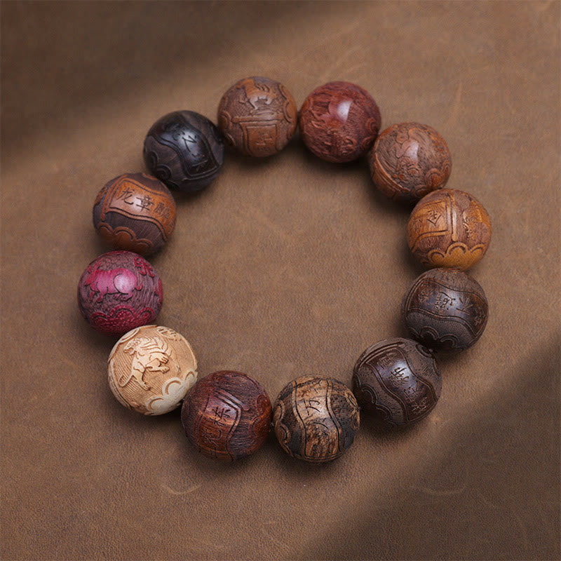 Sandalwood Dragon Phoenix Zodiac Bracelet – carved zodiac tiger bead flat lay on brown, Strength