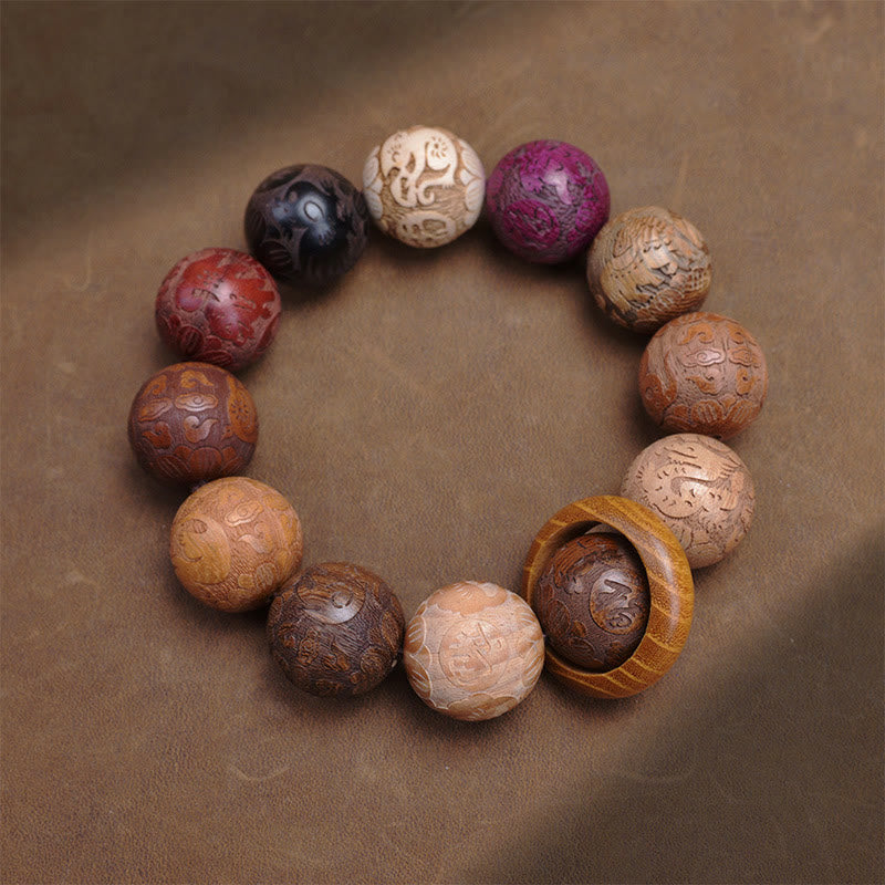 Sandalwood Dragon Phoenix Zodiac Bracelet – cylindrical ring accent bead angled flat lay, Calm