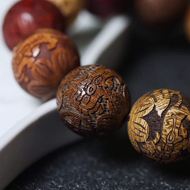 Sandalwood Dragon Phoenix Zodiac Bracelet – macro bead carving detail white dish, Artistry