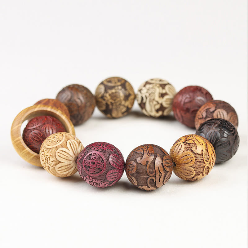 Sandalwood Dragon Phoenix Zodiac Bracelet – white background arc selective focus, Clarity