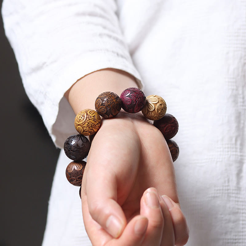 Sandalwood Dragon Phoenix Zodiac Bracelet – multi-color beads worn on wrist lifestyle shot, Serenity