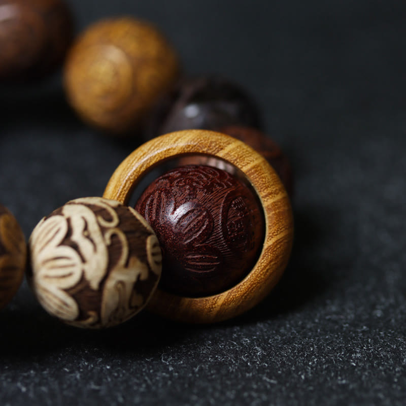 Sandalwood Dragon Phoenix Zodiac Bracelet – macro ring bead nested sphere dark, Precision