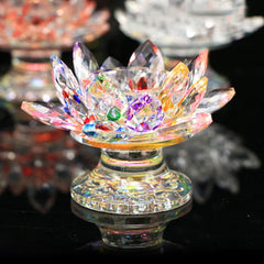 Lotus Flower Crystal Candle Holder - clear crystal lotus on black mirror, prismatic, serene