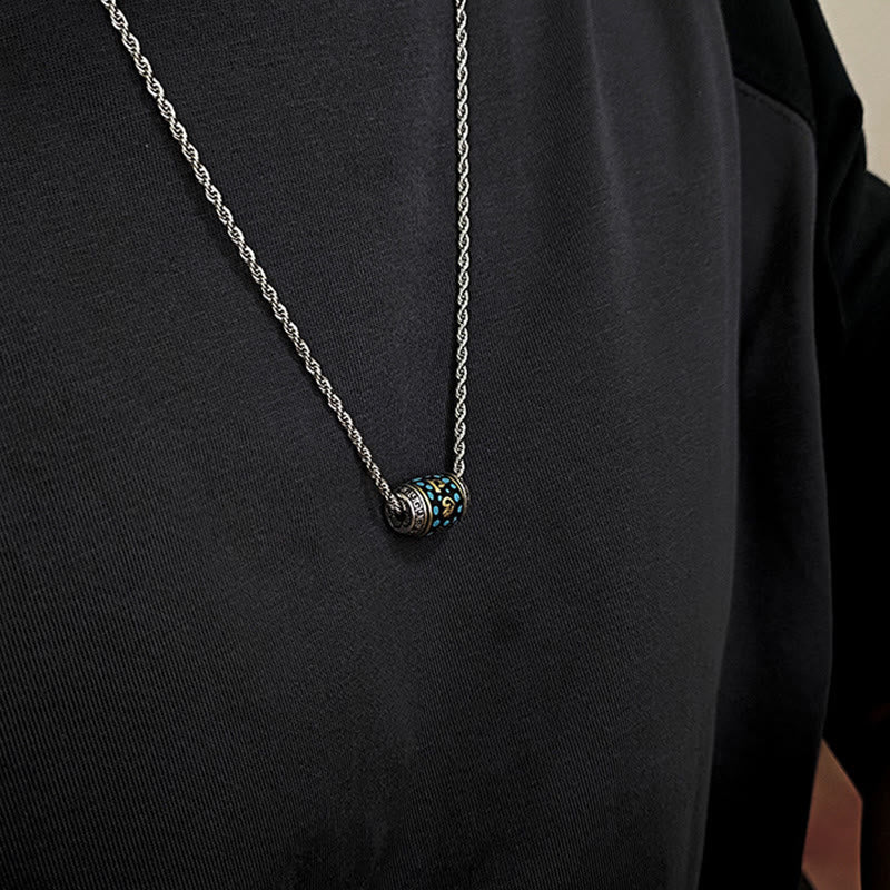 Dzi Bead Om Mani Padme Hum Rotatable Pendant – Elevated on-model shot showing turquoise inlay barrel pendant on silver chain, mens bohemian necklace
