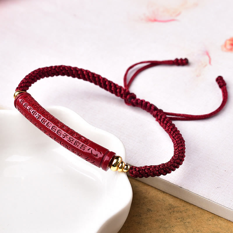 Cinnabar Heart Sutra Blessing Bracelet – on lotus dish with adjustable sliding knot closure, prayer bracelet