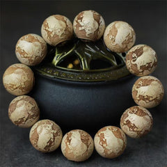 Camphor Wood Yin Yang Ox Engraved Bracelet - elephant motif carved beads circular display, wood jewelry