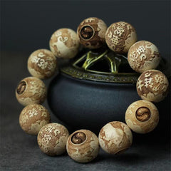 Camphor Wood Yin Yang Ox Engraved Bracelet - mantra engraved beads on bronze stand, carved wood bracelet