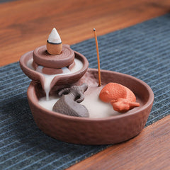 Koi Fish Ox Purple Clay Incense Burner – reclining ox and orange koi in cascading smoke, zisha tea decor