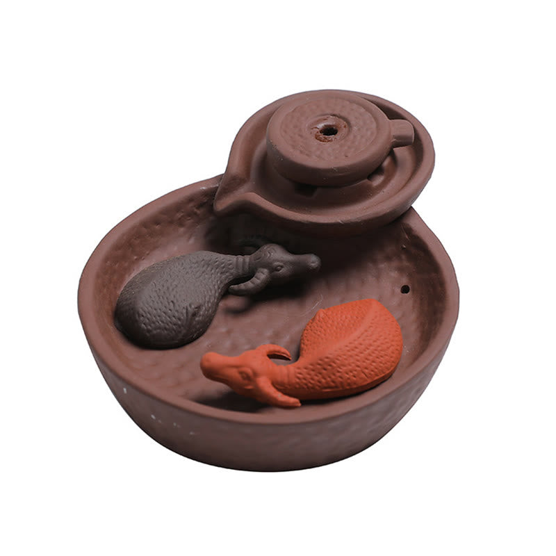 Koi Fish Ox Purple Clay Incense Burner – watermill basin with ox and koi, white background, zisha ceramic