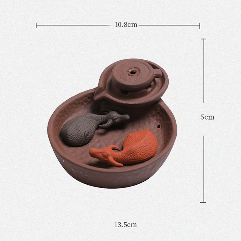 Koi Fish Ox Purple Clay Incense Burner – ox and koi yin-yang on white, dimensions 13.5cm, product specs