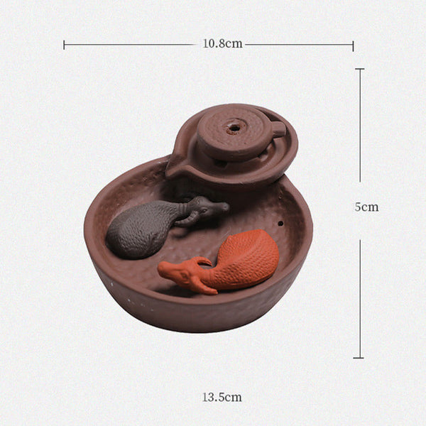 Koi Fish Ox Purple Clay Incense Burner – ox and koi yin-yang on white, dimensions 13.5cm, product specs