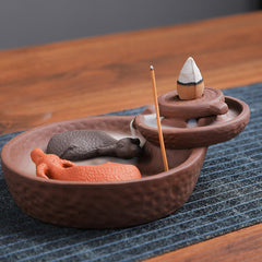 Koi Fish Ox Purple Clay Incense Burner – two-tier basin, ox and koi in smoke waterfall, woven mat, feng shui
