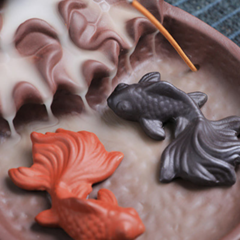 Koi Fish Ox Purple Clay Incense Burner – top-down view, wave-terraced basin, koi in smoke waterfall, zisha