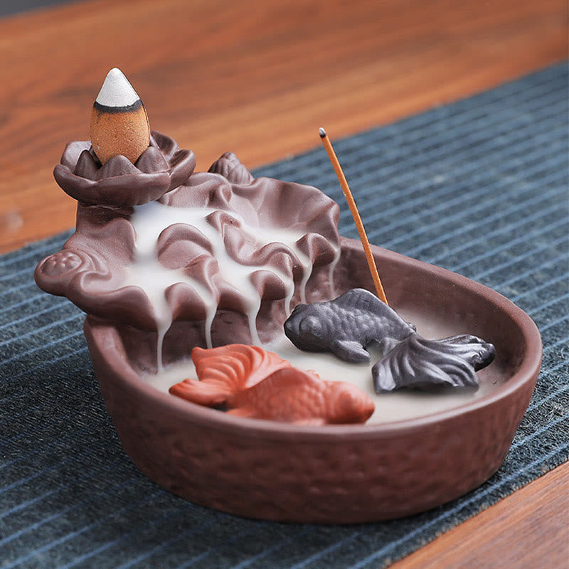 Koi Fish Ox Purple Clay Incense Burner – lotus pond, charcoal and orange koi in smoke, stick incense, zen