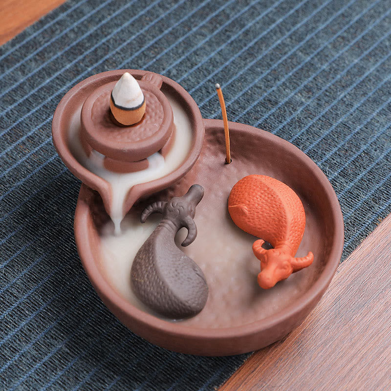 Koi Fish Ox Purple Clay Incense Burner – watermill design with ox and koi in smoke pool, zisha ceramic