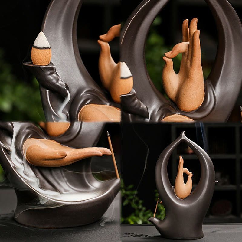 Mountain Water Buddha Hand Incense Burner – Four angles of mudra hand with cascading smoke