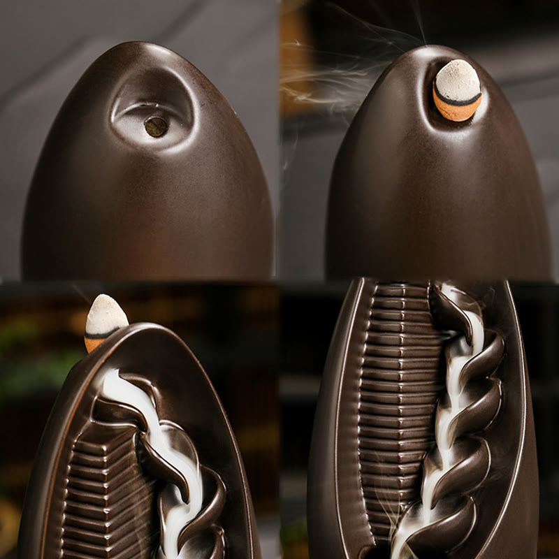Mountain Water Buddha Hand Incense Burner – Brown teardrop with carved smoke channels, four views