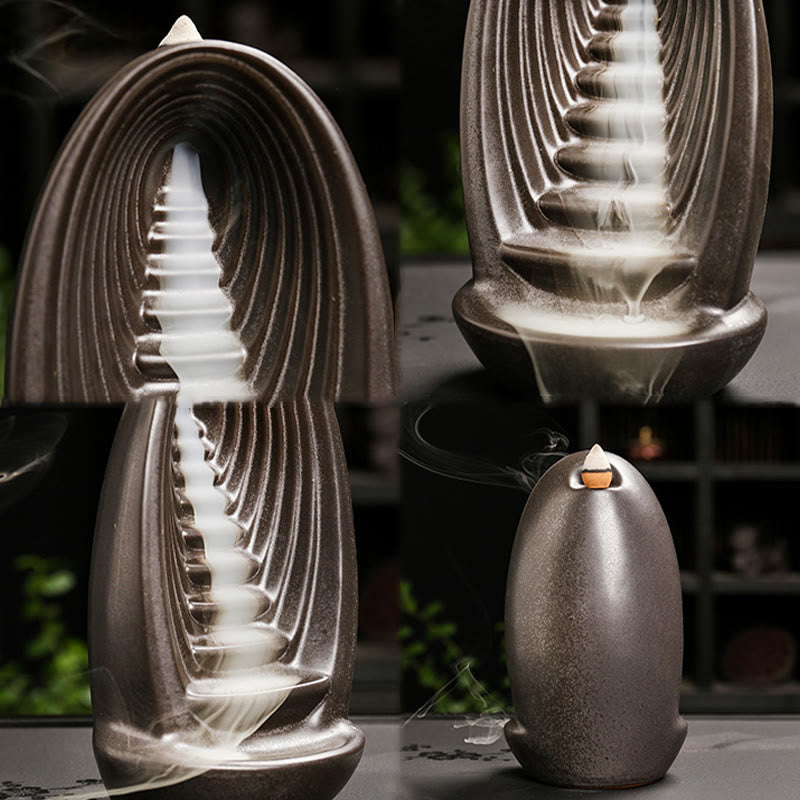 Mountain Water Buddha Hand Incense Burner – Charcoal arch with ribbed shell, four-angle smoke cascade