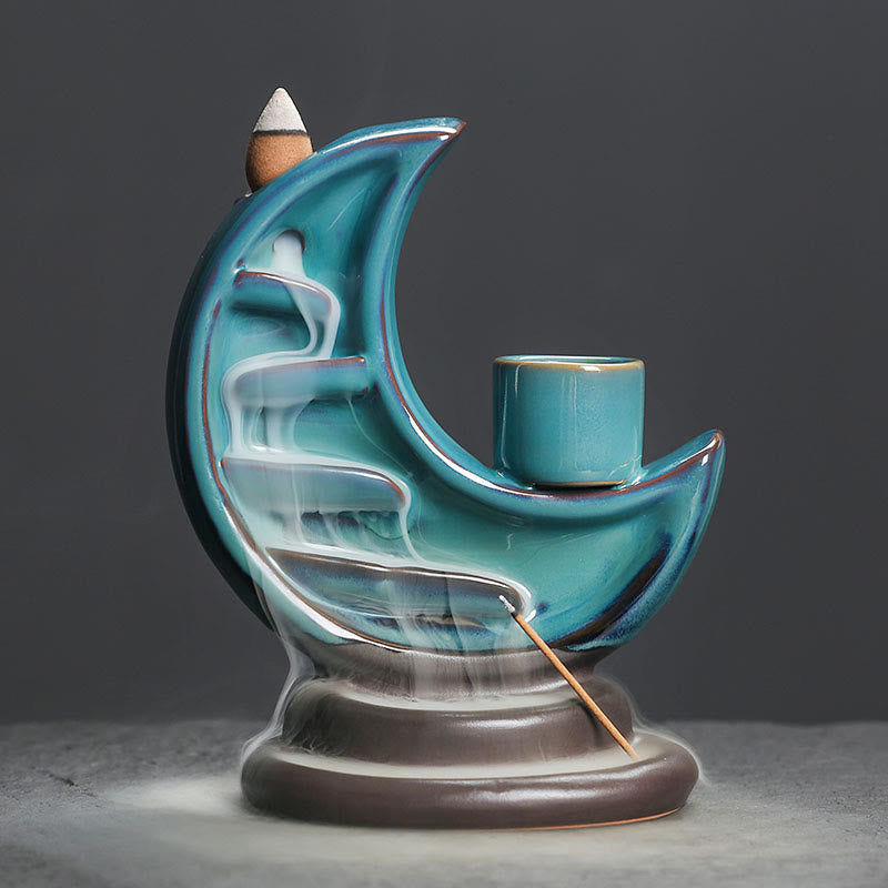 Crescent Moon Incense Burner – Turquoise ceramic moon with backflow smoke waterfall and deer motif, serenity