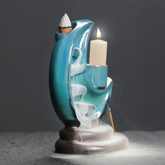 Crescent Moon Incense Burner – Backflow smoke and candle flame on turquoise ceramic moon, zen calm