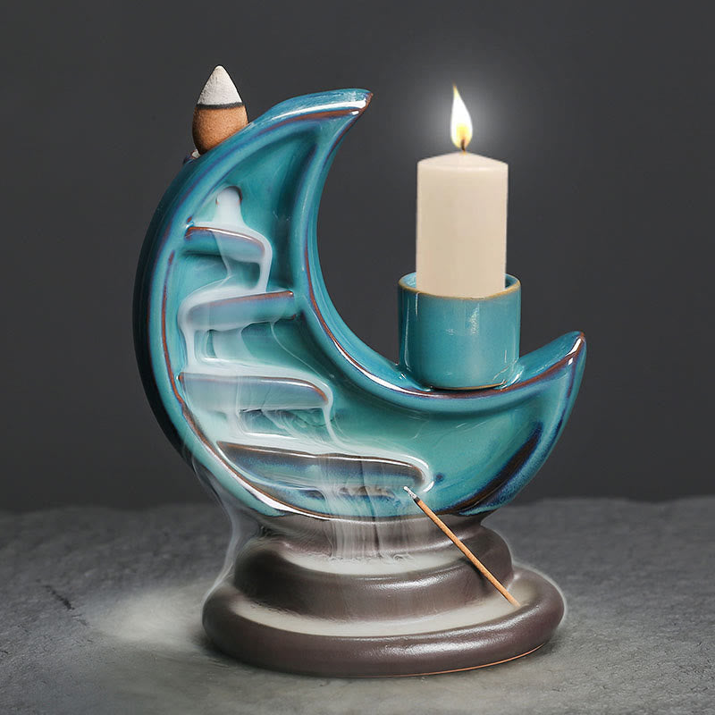 Crescent Moon Incense Burner – Stepped waterfall smoke channels on teal ceramic crescent, backflow zen