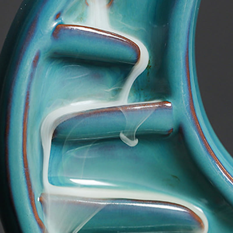 Crescent Moon Incense Burner – Tiered stepped channels with turquoise glaze and bronze ridges, waterfall