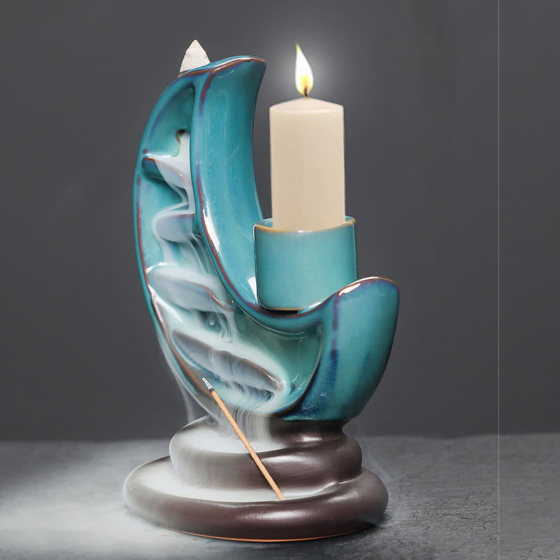 Crescent Moon Incense Burner – White smoke pooling at base of teal crescent with lit candle, serenity decor