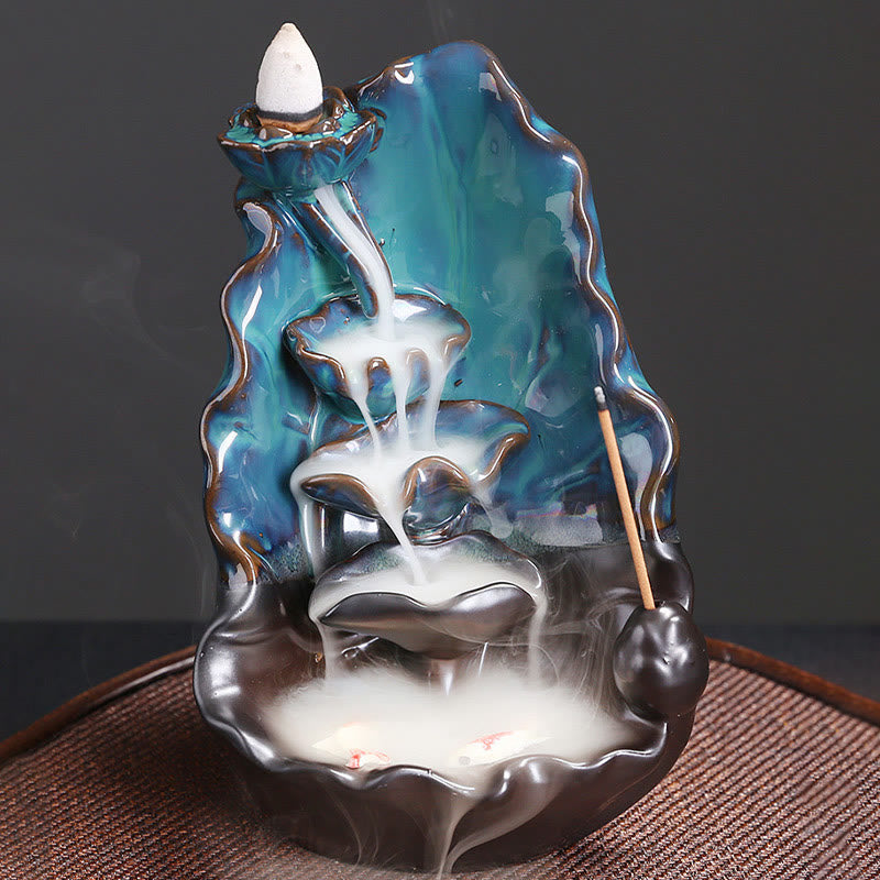 Ceramic Backflow Incense Burner – Four-tier smoke cascade with horizontal stick holder, backflow incense burner