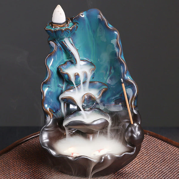 Ceramic Backflow Incense Burner – Four-tier smoke cascade with horizontal stick holder, backflow incense burner