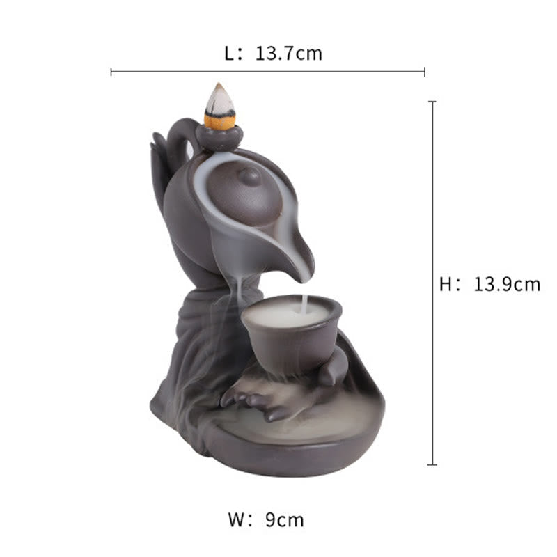 Buddha Hand Teapot Incense Burner – White background product shot with dimension lines, teapot design