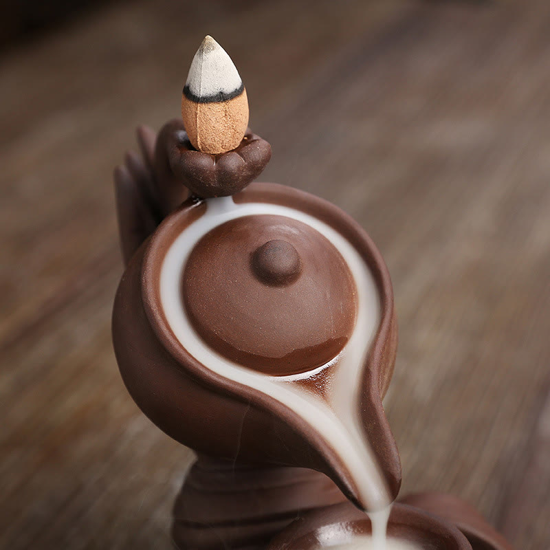 Buddha Hand Teapot Incense Burner – Macro of teapot spout, lotus cone holder, smoke waterfall flow