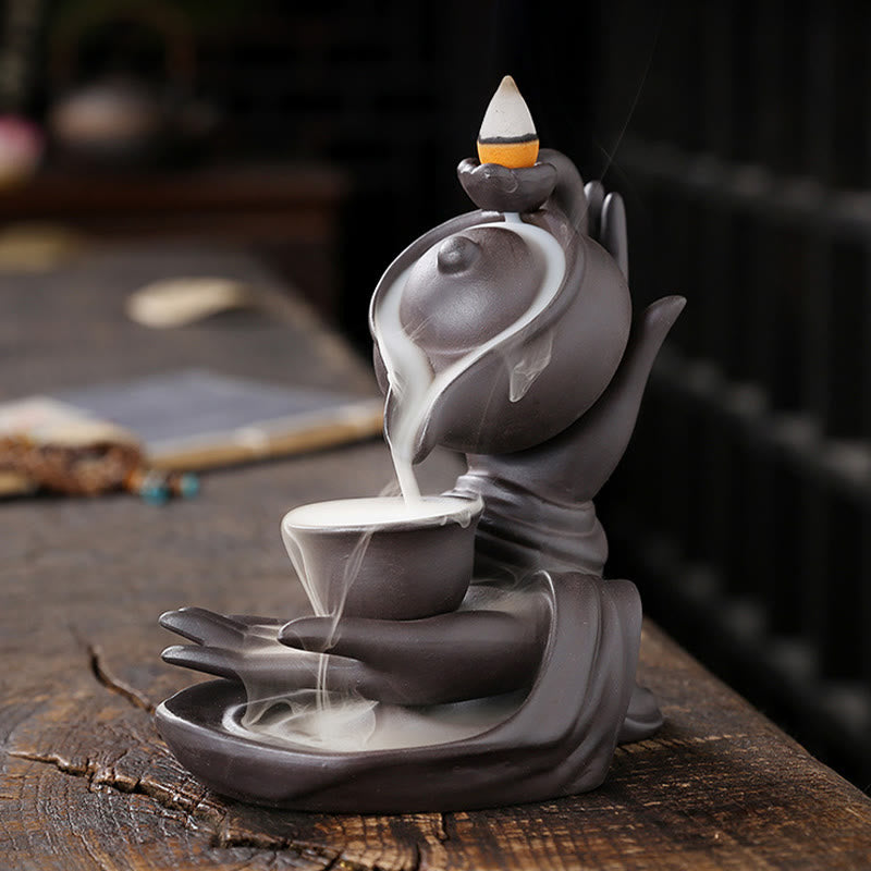 Buddha Hand Teapot Incense Burner – Three-tier teapot to cup to palm, smoke waterfall, rustic wood setting