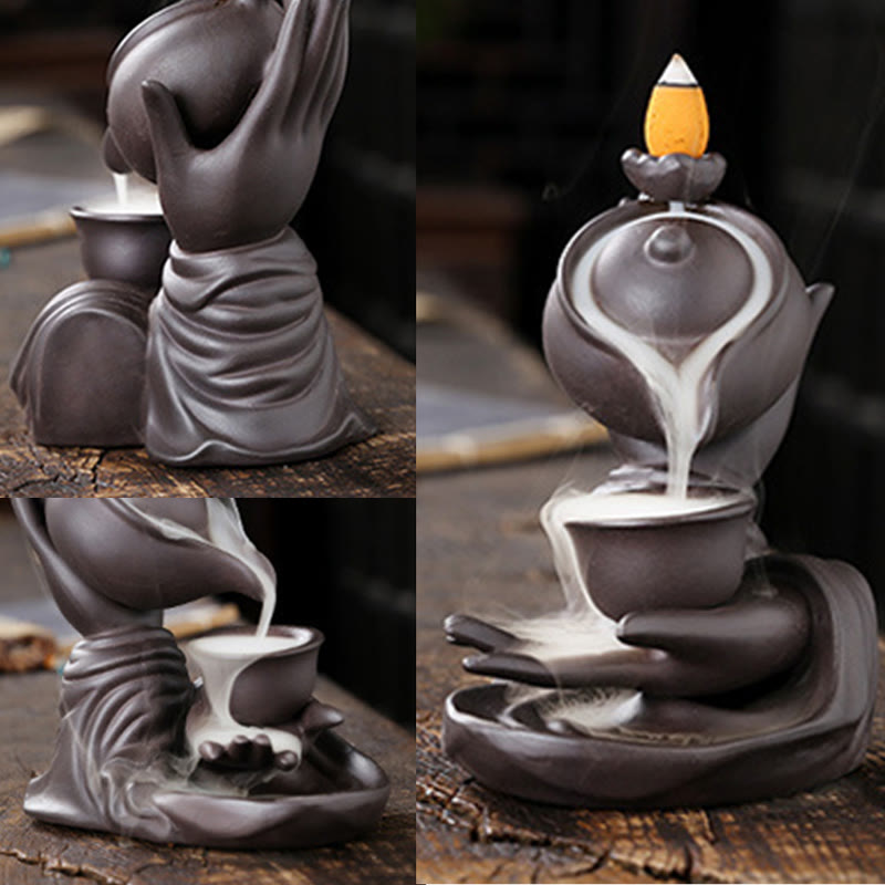 Buddha Hand Teapot Incense Burner – Four-angle view showing smoke flow, teapot spout, hand base, backflow