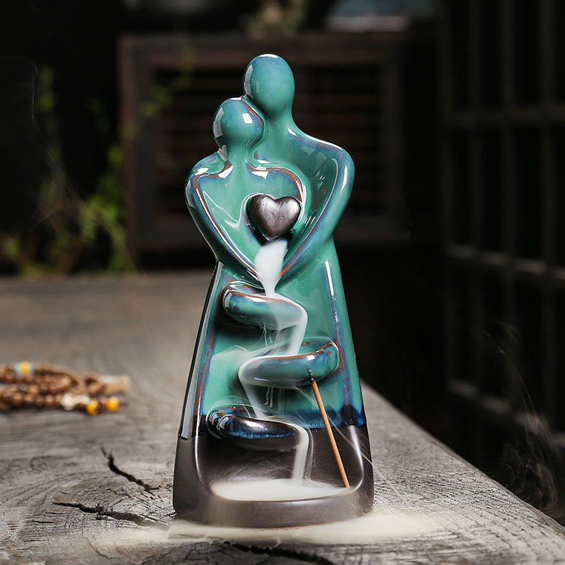Ceramic Lovers Embrace Backflow Incense Burner - Teal couple with silver heart, smoke on wood, love decor