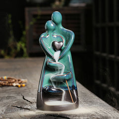 Ceramic Lovers Embrace Backflow Incense Burner - Teal couple with silver heart, smoke on wood, love decor