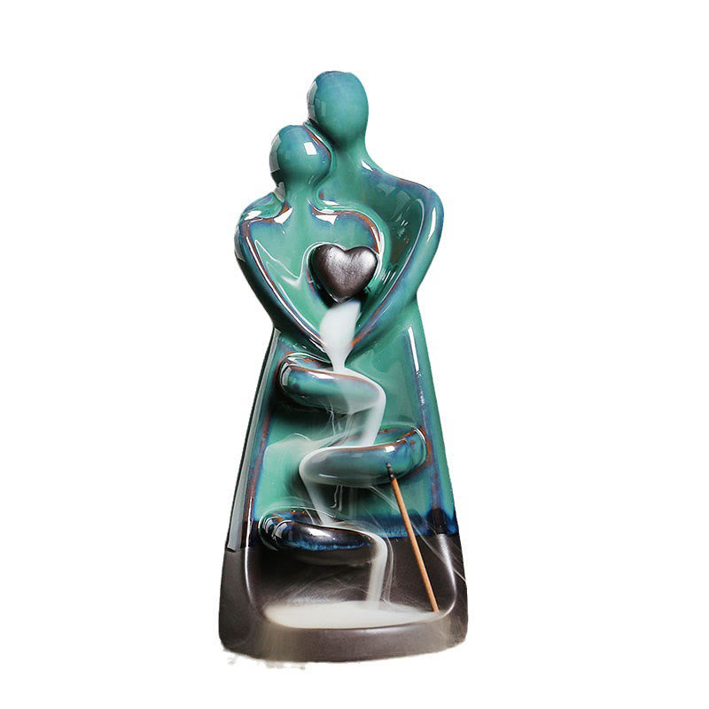 Ceramic Lovers Embrace Backflow Incense Burner - White background, smoke cascade, heart, couple gift
