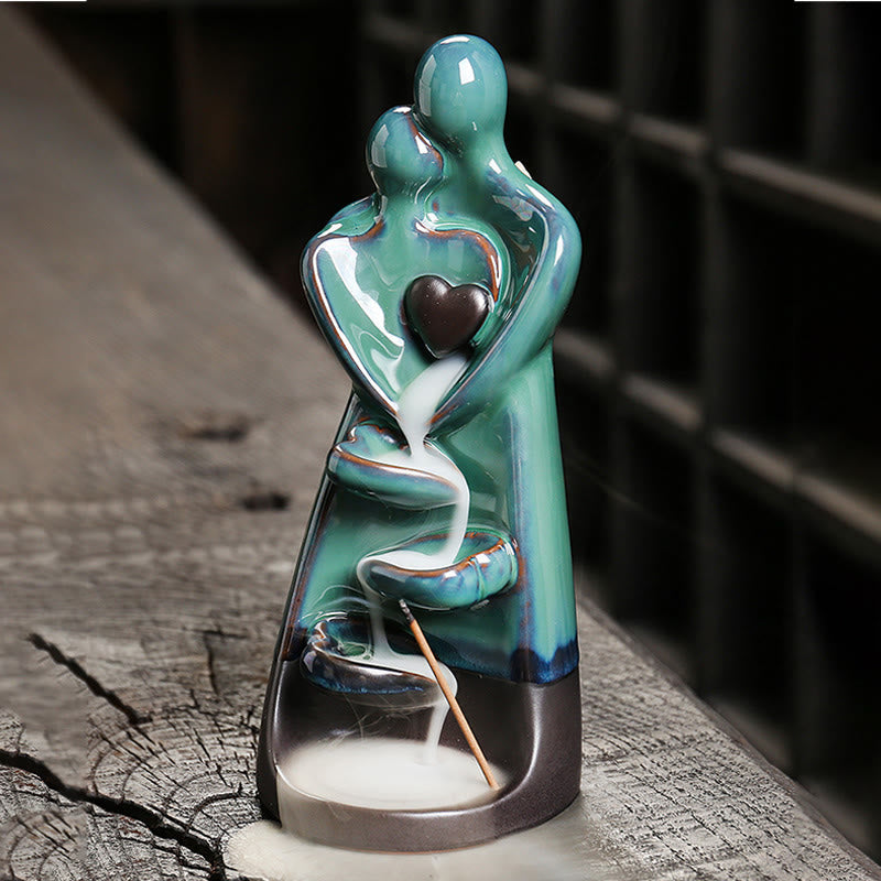 Ceramic Lovers Embrace Backflow Incense Burner - Teal couple with dark heart, tiered smoke, love gift