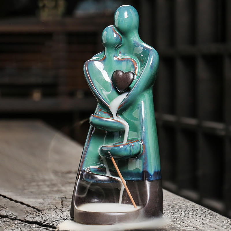 Ceramic Lovers Embrace Backflow Incense Burner - Teal couple, bronze accents, smoke pool, zen decor