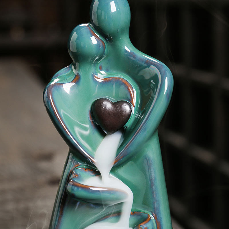 Ceramic Lovers Embrace Backflow Incense Burner - Close-up heart with smoke waterfall, love decor
