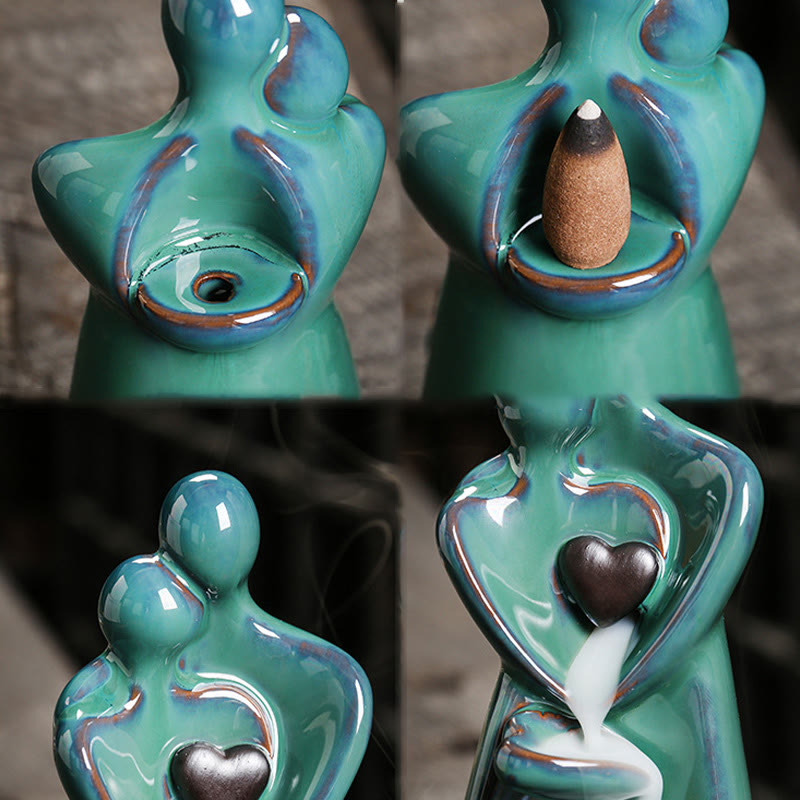 Ceramic Lovers Embrace Backflow Incense Burner - Four-panel: empty to smoke flow, backflow incense