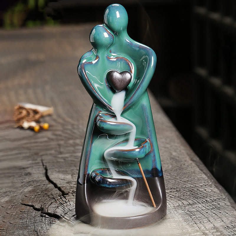 Ceramic Lovers Embrace Backflow Incense Burner - Turquoise figures, active smoke cascade, couple gift
