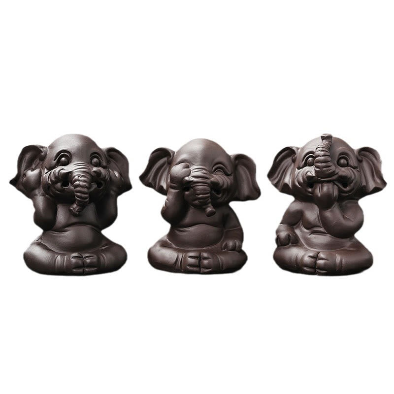 Cute Elephant Incense Burner – Three elephants on white background, trunks cover eyes ears mouth